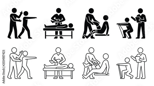Canvastavla Set of physiotherapy icons, physical therapy and rehabilitation exercises, black