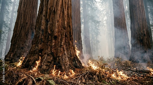 Forest fire burning at the base of giant sequoia trees