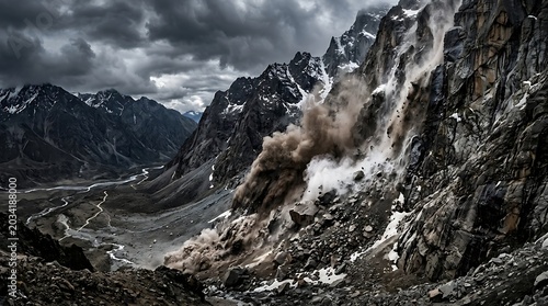 Mountain avalanche in a rocky landscape
