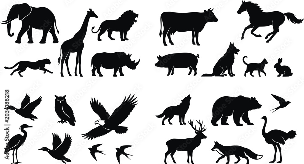 Fototapeta premium Wildlife Animal Silhouette Collection Featuring Mammals and Birds in Black Isolated Vector Style on White Background