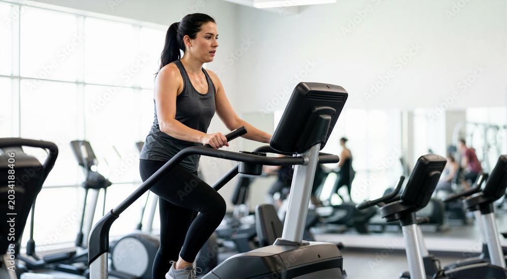 Fototapeta premium Sweating woman exercising on a stair climber machine in a gym. Focused female doing intense cardio workout. Health, fitness, and weight loss concept. Copy space for text