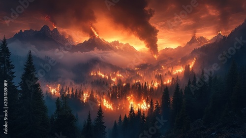 Mountain forest wildfire at sunset with smoke plumes