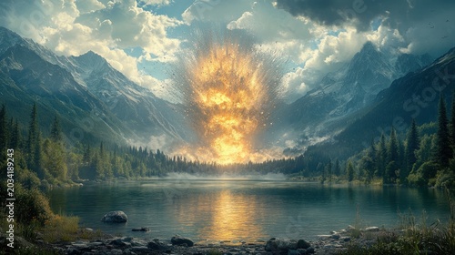 Mountain lake explosion with forest, reflection, and cloudy sky
