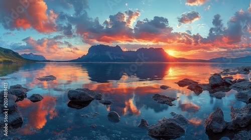 Mountain lake sunset reflection with colorful clouds
