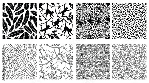 Sticker Set of seamless patterns feathers, monkeys, leopards, and leopard spots black an