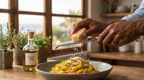 Hombre rallando queso parmesano curado sobre pasta fresca artesanal