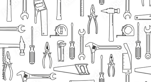 Seamless line art pattern of various hand tools like wrenches, screwdrivers, hammers, and saws for construction and DIY projects.