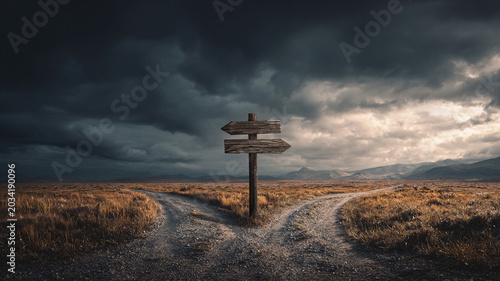 A weathered wooden signpost stands at the center of a forked dirt road. - arrows pointing in opposite directions.