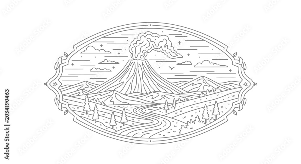 Naklejka premium Monoline line art illustration of an erupting volcano in a scenic natural landscape, surrounded by mountains, river, trees, and clouds.