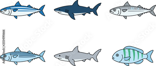 Foto Vector illustration set of predatory ocean fish including sharks, tuna, and mack