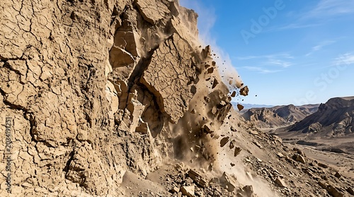 Desert cliff explosion with rocks falling