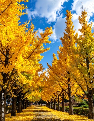 Golden avenue of autumn trees in bloom