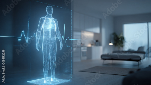 smart home health system powered by artificial intelligence scanning a person's body and detecting early disease risks through holographic medical alerts, futuristic home healthcare technology