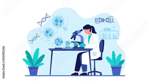 Scientist working with microscope in stem cell research lab, DNA and cells illustration