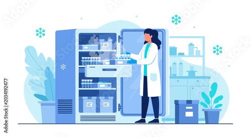 Scientist working with samples in a cold storage freezer in a laboratory