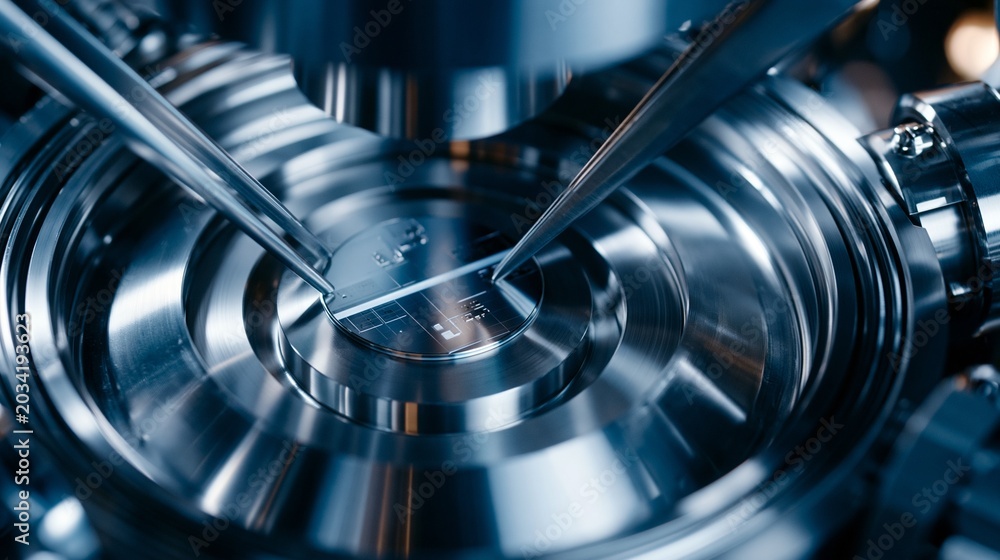 Fototapeta premium Closeup of precision tweezers holding a GaN wafer as it is inserted into a sleek sputter coater chamber showcasing stainless steel surfaces and soft ambient lighting.