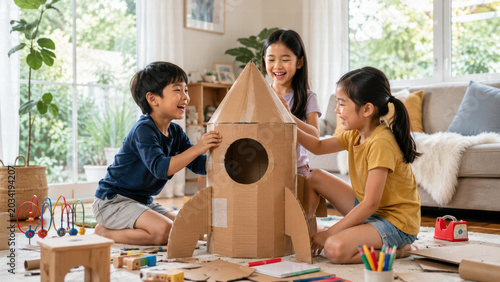 Children playing with cardboard rocket in bright living room, happy sibling group building toy together