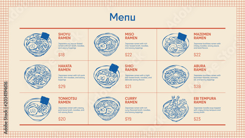 Ramen restaurant menu poster with Japanese noodle soup illustrations in retro blue and terracotta style on beige background
