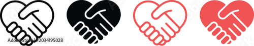 Heart shaped handshake icon set black and red variations