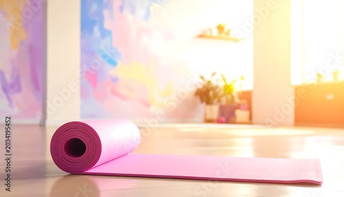 Pink Yoga Mat Rolled on Wooden Floor in Sunlit Modern Studio