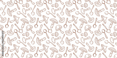 Seamless pattern with inedible mushroom in line art style. Kitchen utensil and nature food concept illustration for fabric print, wrapping paper.