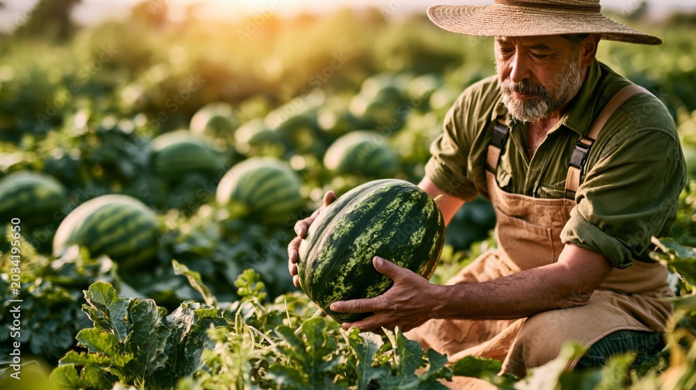 Obraz premium Farm worker lifting a large striped watermelon from a vine in a sunlit summer field.