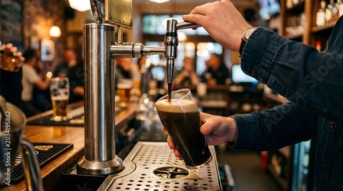 Close up of bartender pouring dark beer into glass from tap inside traditional restaurant.