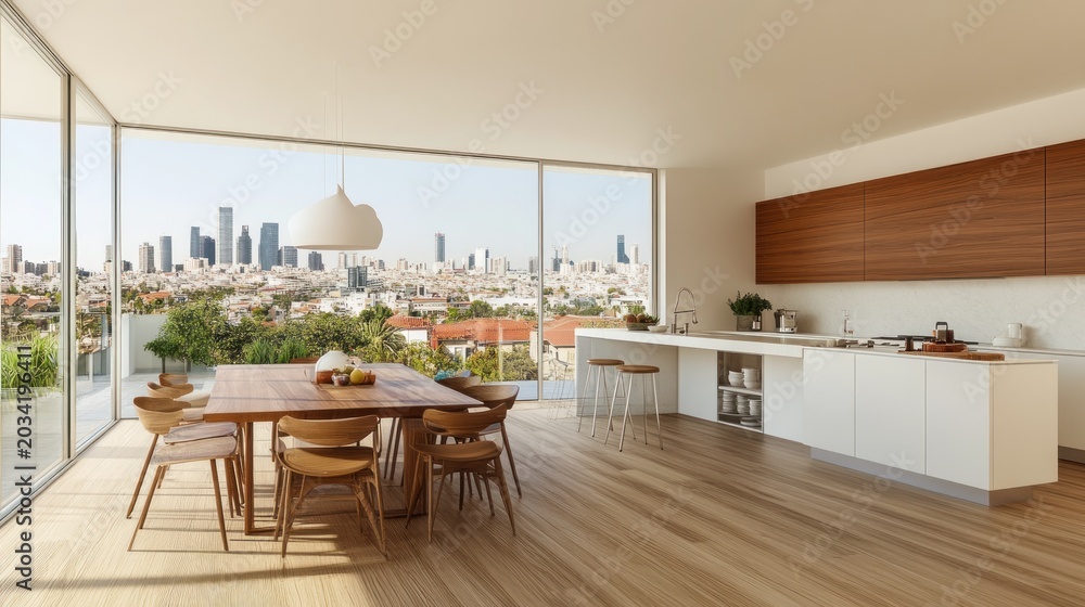 Fototapeta premium Modern kitchen and dining area with city view.