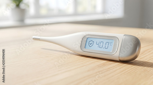 Digital medical thermometer showing 40C high fever on table.