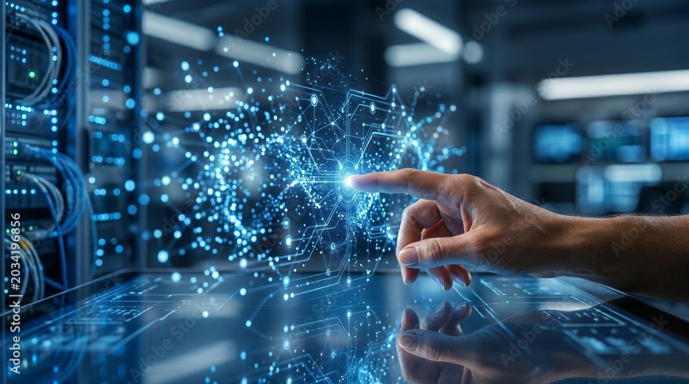 Fototapeta premium Human hand using advanced AI holographic interface with futuristic data visualization and smart technology elements
