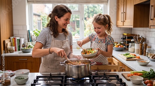 Family Kitchen Cooking Fun: A mother and daughter joyfully prepare a meal together in a sunlit kitchen, chopping vegetables and stirring a pot.