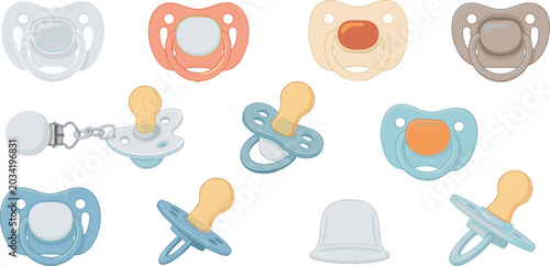 Obraz na płótnie Cute Baby Pacifier and Dummy Clip Icon Set with Pastel Soothers and Protective C