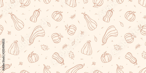 Seamless pumpkins pattern. Autumn background. Vector illustration for Thanksgiving day, Halloween, greeting cards and posters.