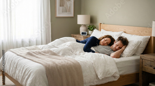 Restful Slumber: A couple sleeps soundly, embracing each other in a cozy bedroom, a picture of peace and shared intimacy.