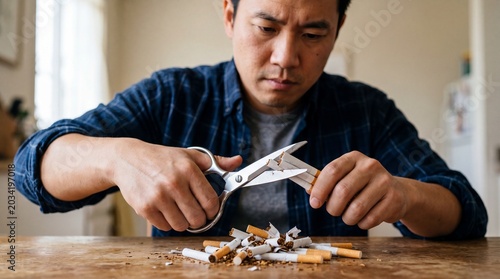 Quitting Smoking: A determined man cuts through cigarettes with scissors, symbolizing the difficult but rewarding journey to quit smoking and embrace a healthier life.