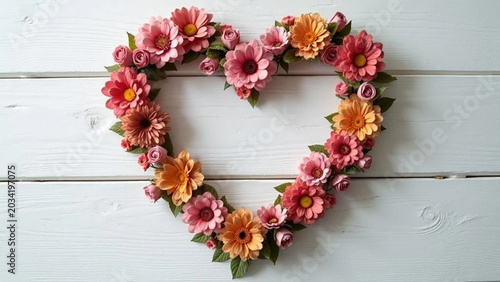Heart-shaped frame made of flowers on white wood