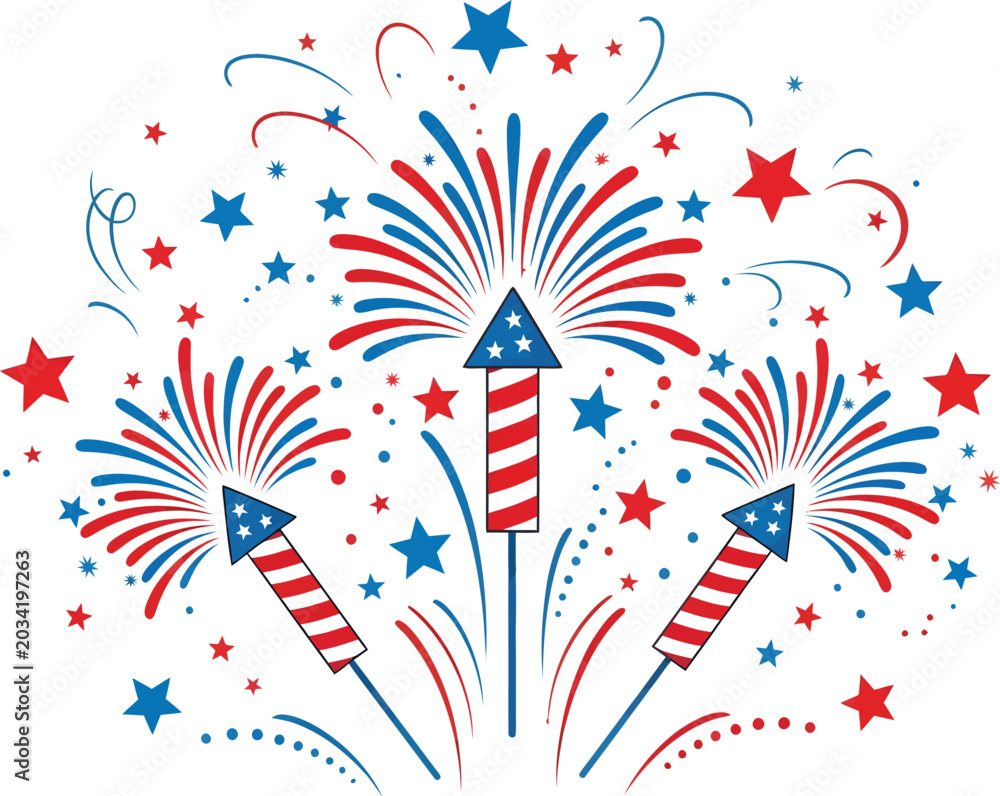 Fototapeta premium USA Independence Day Background with Flying Fireworks Rockets and Patriotic Stars