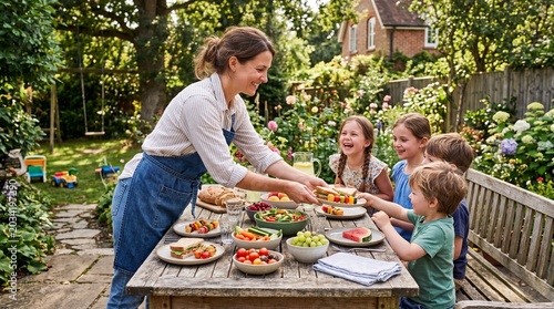 A Mother's Delight: A mother joyfully serves a healthy, vibrant meal to her happy children gathered around a rustic outdoor table, surrounded by a lush, sun-drenched garden.