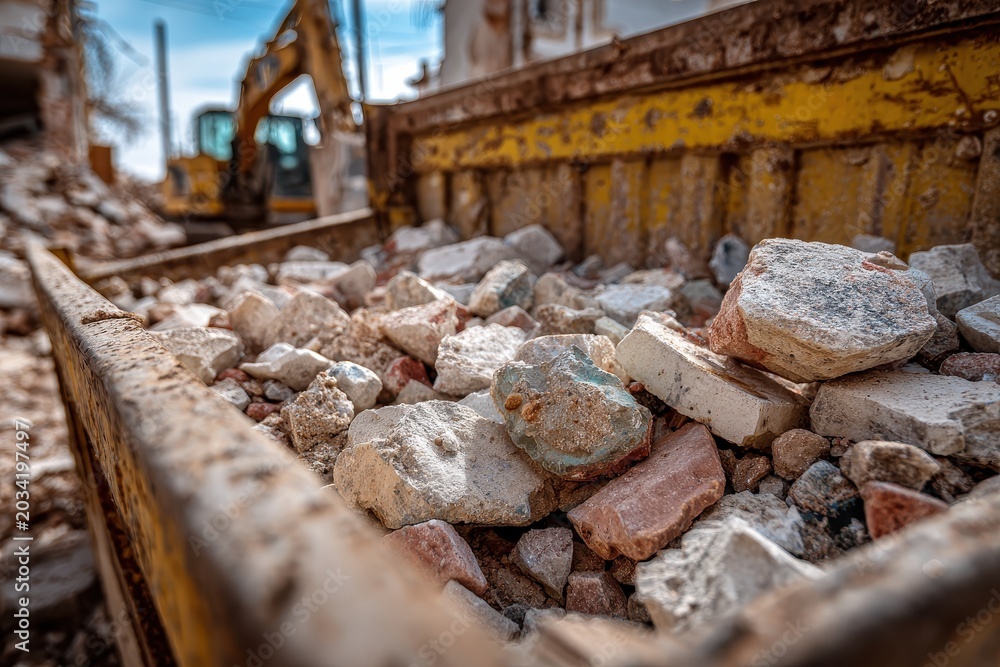 Fototapeta premium A yellow dumpster is filled with rubble from a building demolition site. Use it for construction, renovation, or industrial project visuals.
