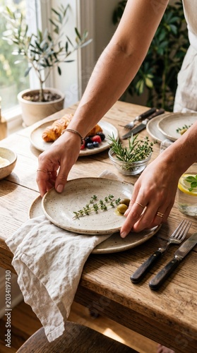 A close-up shot captures hands arranging a rustic place setting, with a croissant and berries on a plate, suggesting an intimate and delightful meal.
