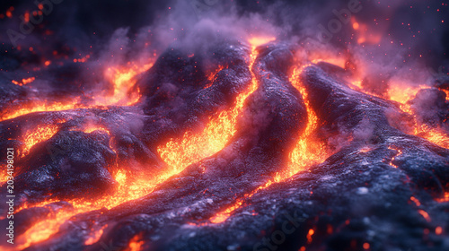 Molten lava flowing down volcanic slopes with smoke and ash