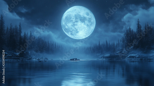 Moonlit lake with island, snowy forest, misty night
