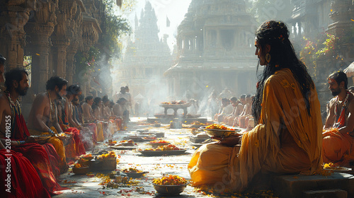 Monk meditates in temple courtyard during spiritual ceremony