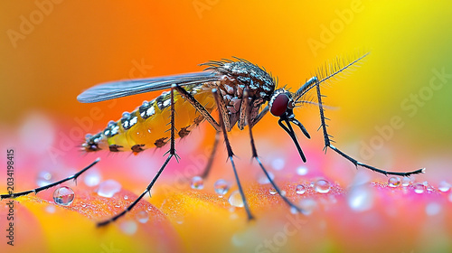 Mosquito on colorful flower with dew, blurred background