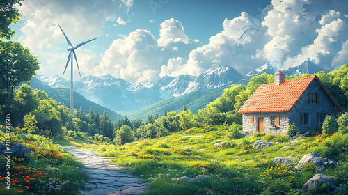 Mountain cabin with wind turbine, scenic alpine landscape