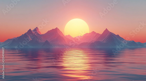 Mountain range silhouette at sunset over calm ocean