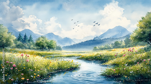 Mountain valley stream, wildflowers, birds, serene landscape background, idyllic nature scene