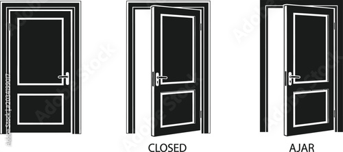 Tableau sur toile Three black and white door showing closed, ajar, and open positions doors closed