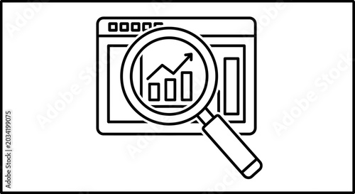 Magnifying glass over a graph on a computer screen, symbolizing data analysis and business growth.
