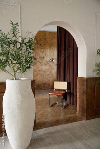 Photography Large white vase with olive tree and view through archway to vintage chair in mo